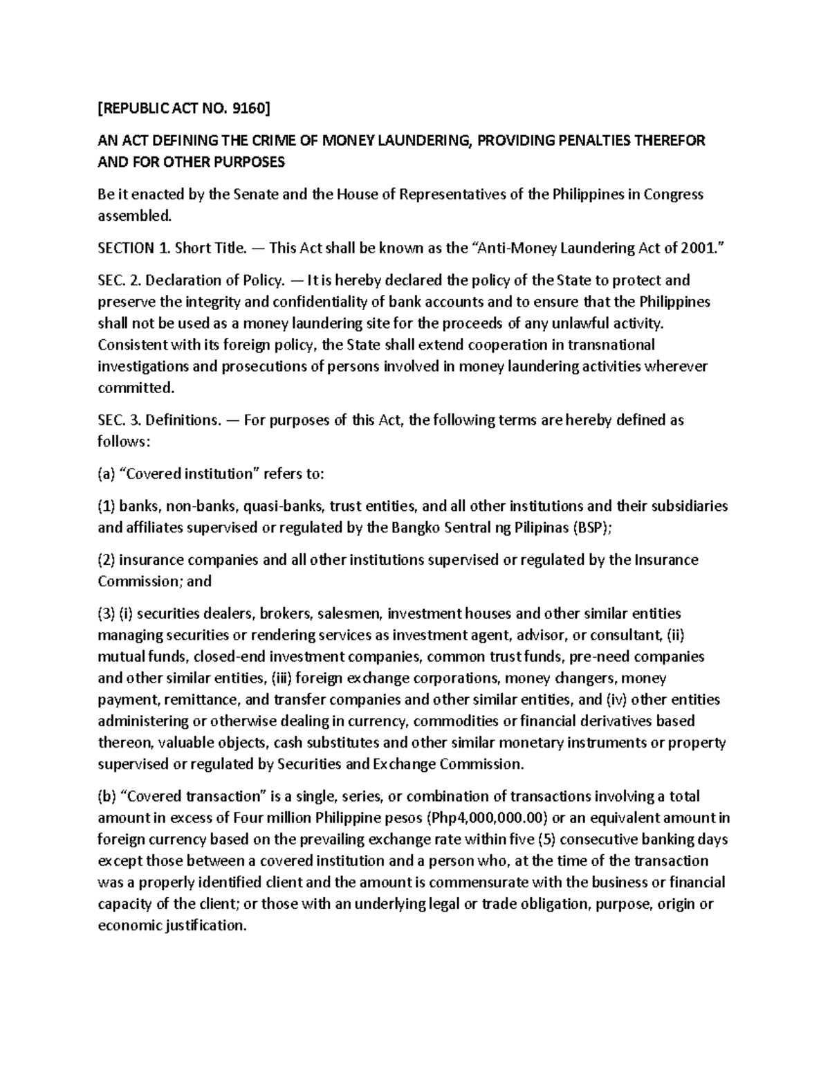 AMLA 2001 PDF Format - [REPUBLIC ACT NO. 9160] AN ACT DEFINING THE ...