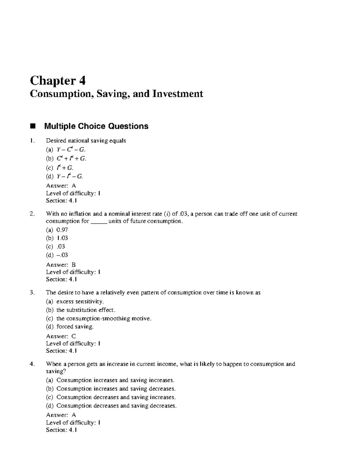 Macro 95ex4 Chapter 4 Consumption, Saving, and Investment Multiple Choice Questions Desired