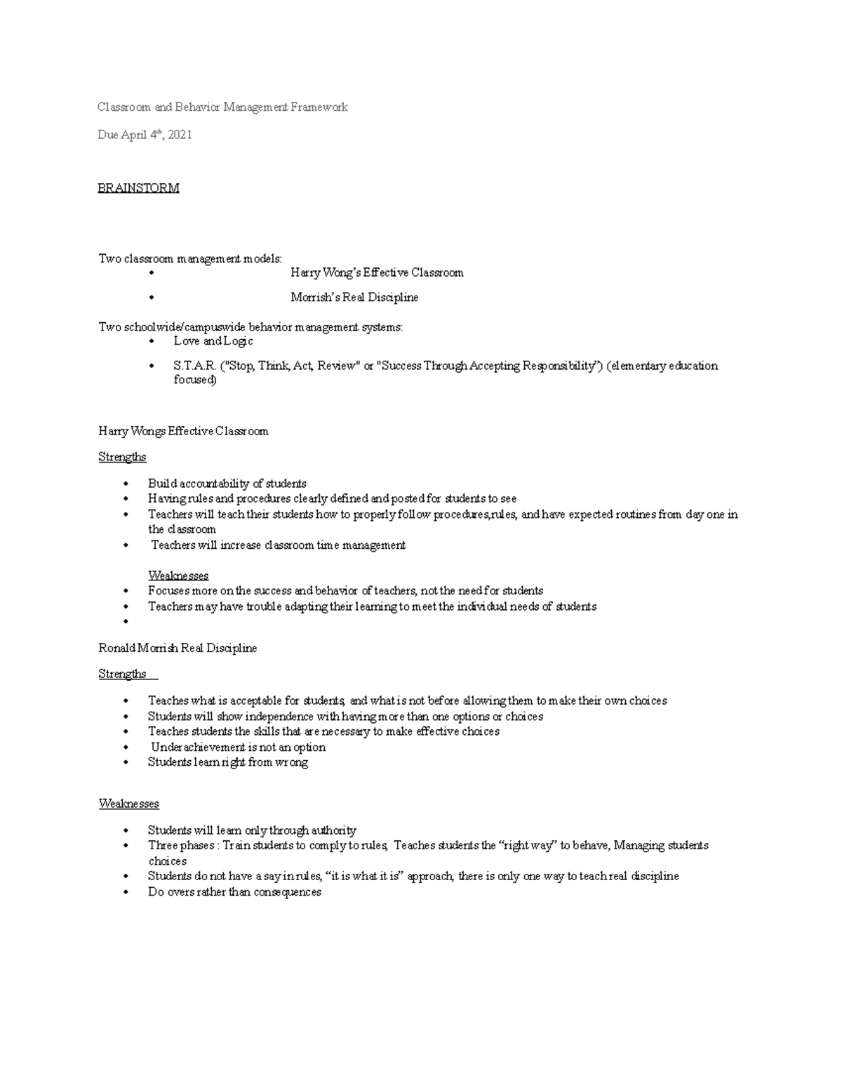 Topic 3 ELM 250 Classroom and Behavior Management Framework - Classroom ...