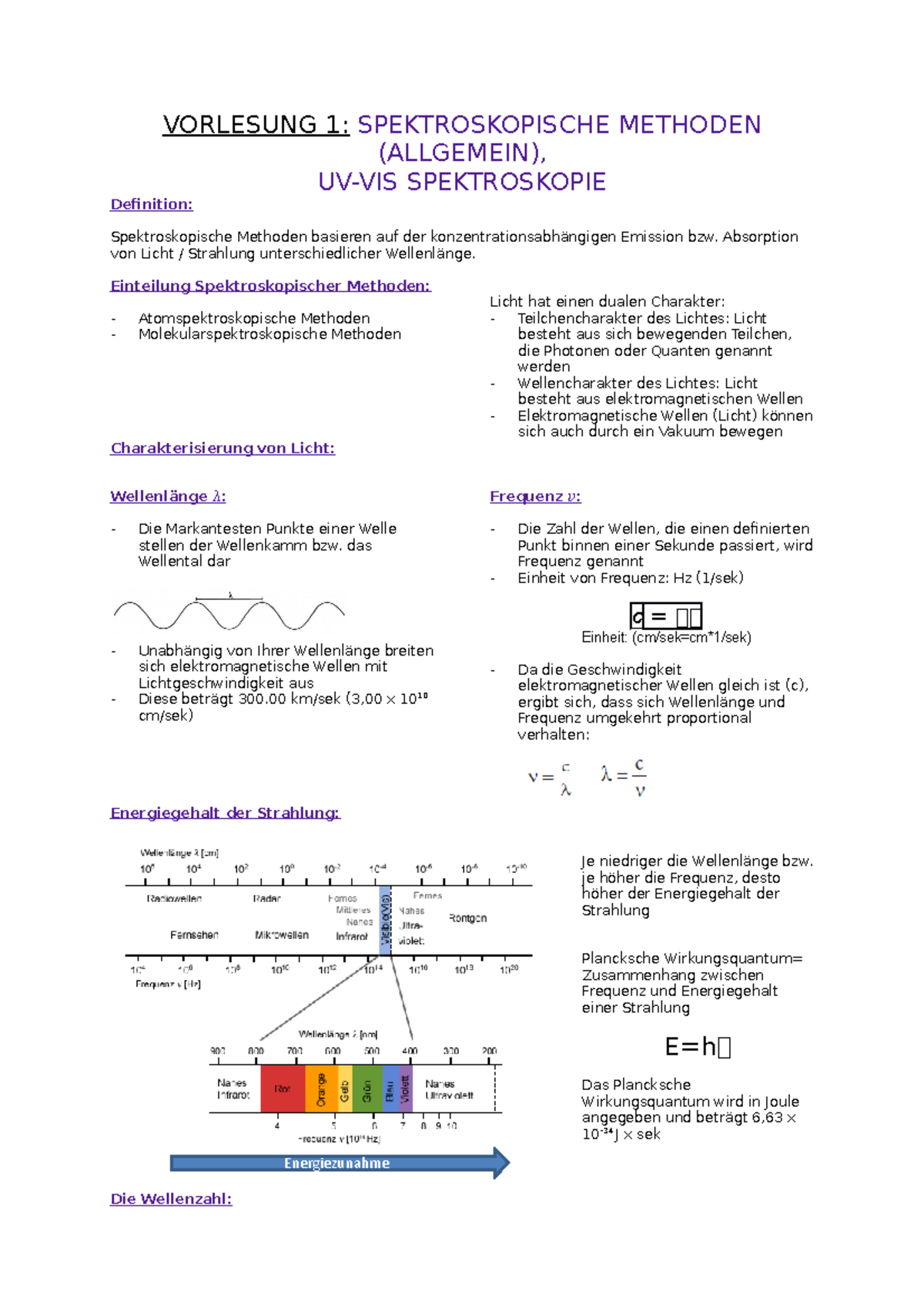 Vorlesung 1 - Lernzettel - VORLESUNG 1: SPEKTROSKOPISCHE METHODEN ...