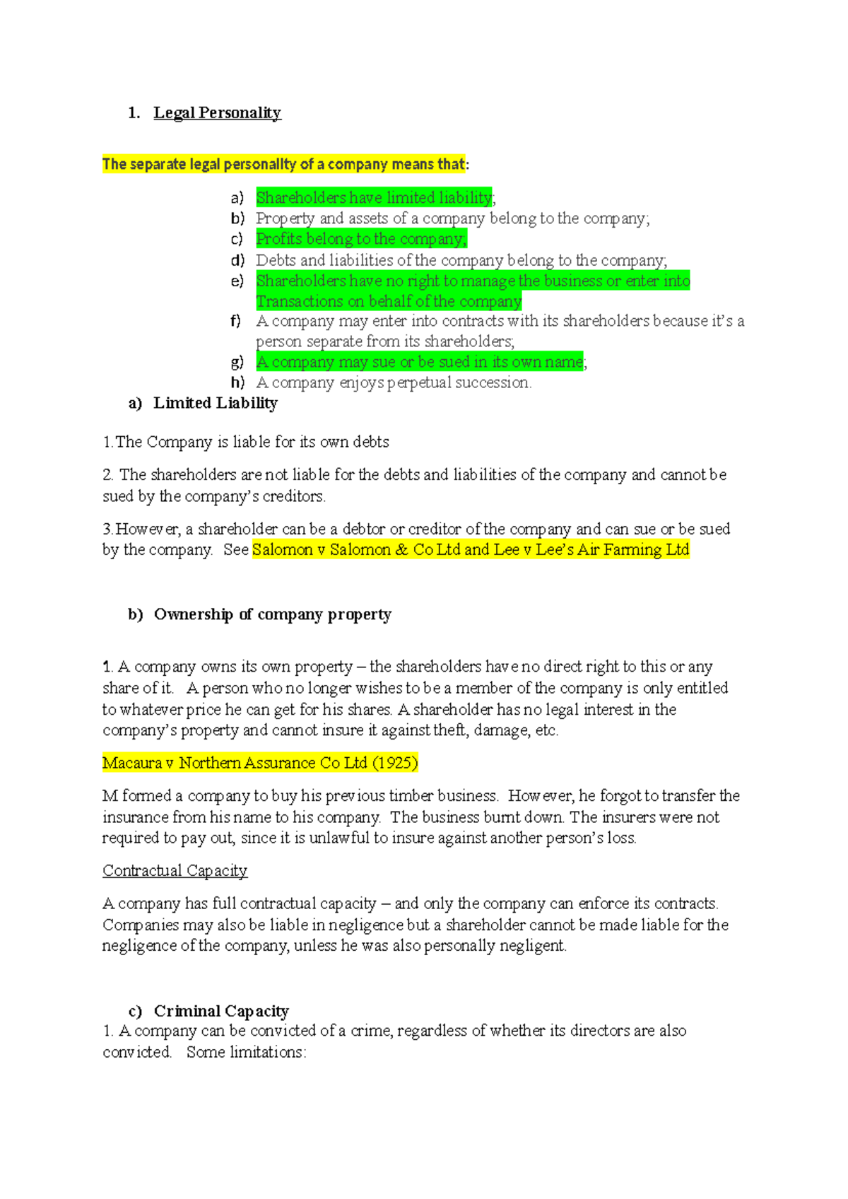 Legal Personality - summarised notes - Legal Personality The separate ...