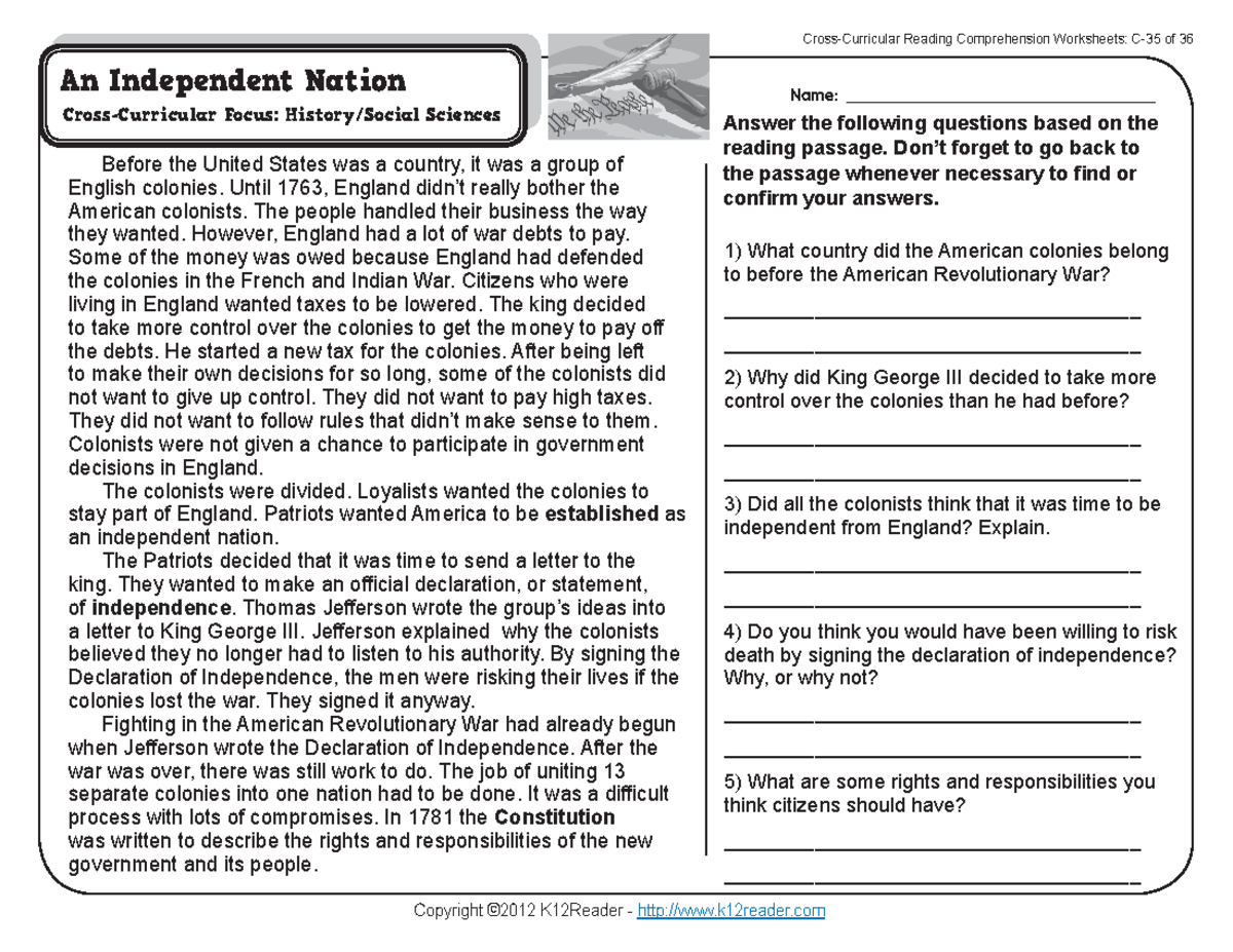 Gr3 Wk35 An Independent Nation - Copyright ©2012 K12Reader - k12reader ...