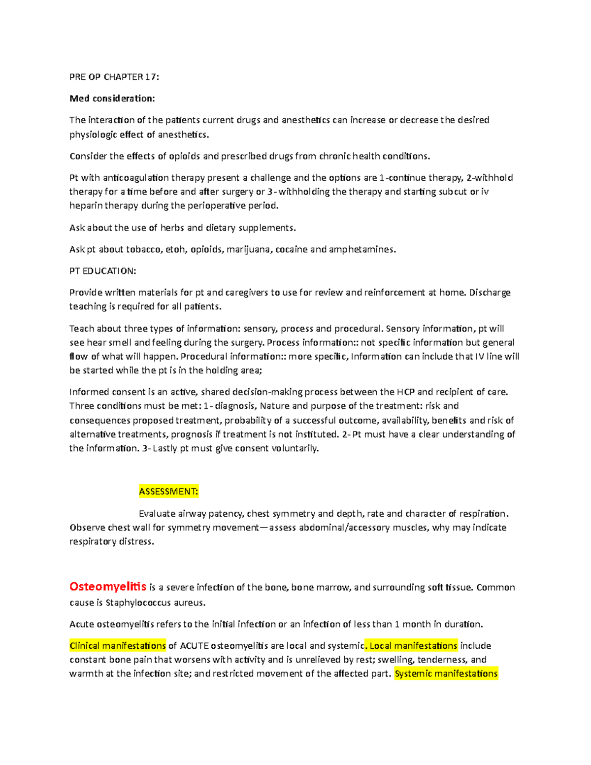 Med surgical for Nusring 2 midterm notes - PRE OP CHAPTER 17: Med ...