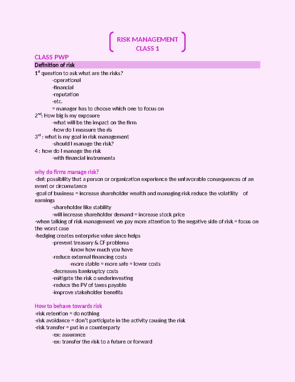 Master doc notes class 1 6 RISK MANAGEMENT CLASS 1 CLASS PWP