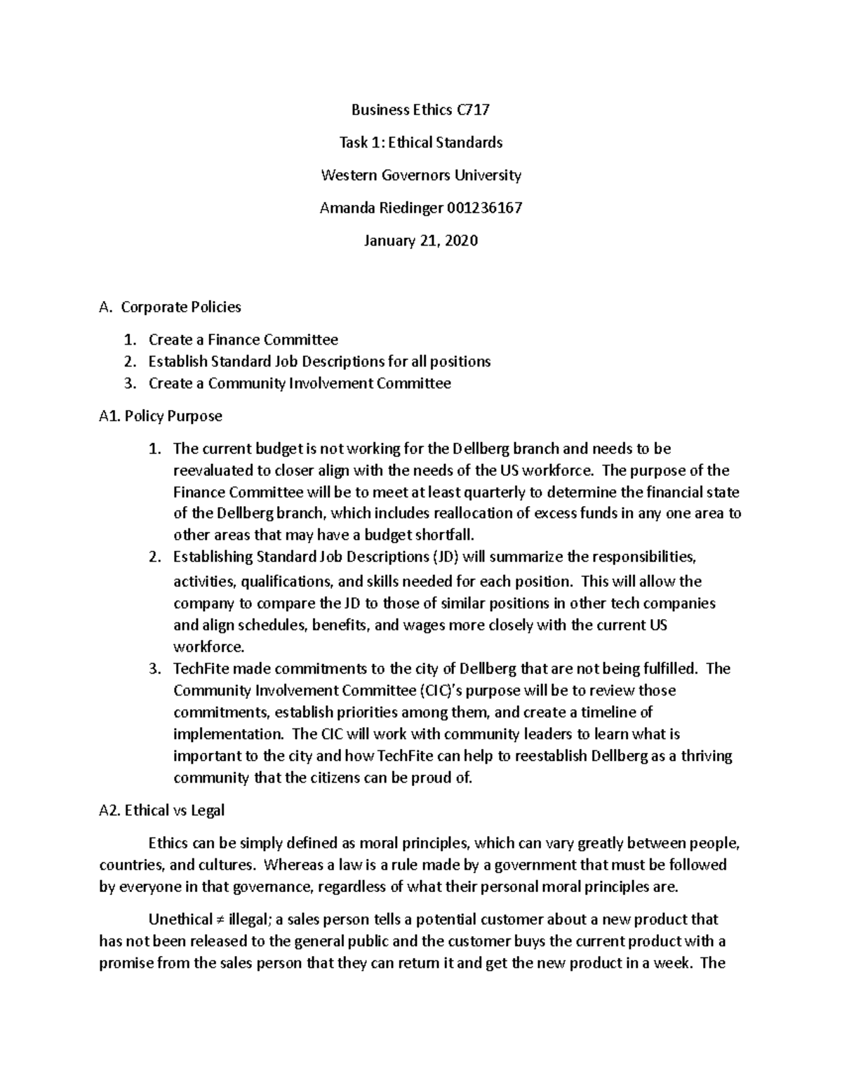 Business Ethics C717 Task 1 Ethical Standards - Business Ethics C Task ...