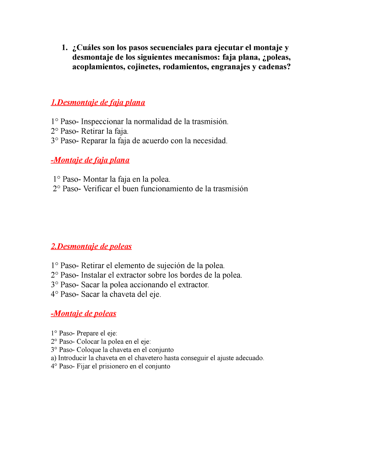 Cu Les Son Los Pasos Secuenciales Para Ejecutar El Montaje Y Desmontaje De Los Siguientes