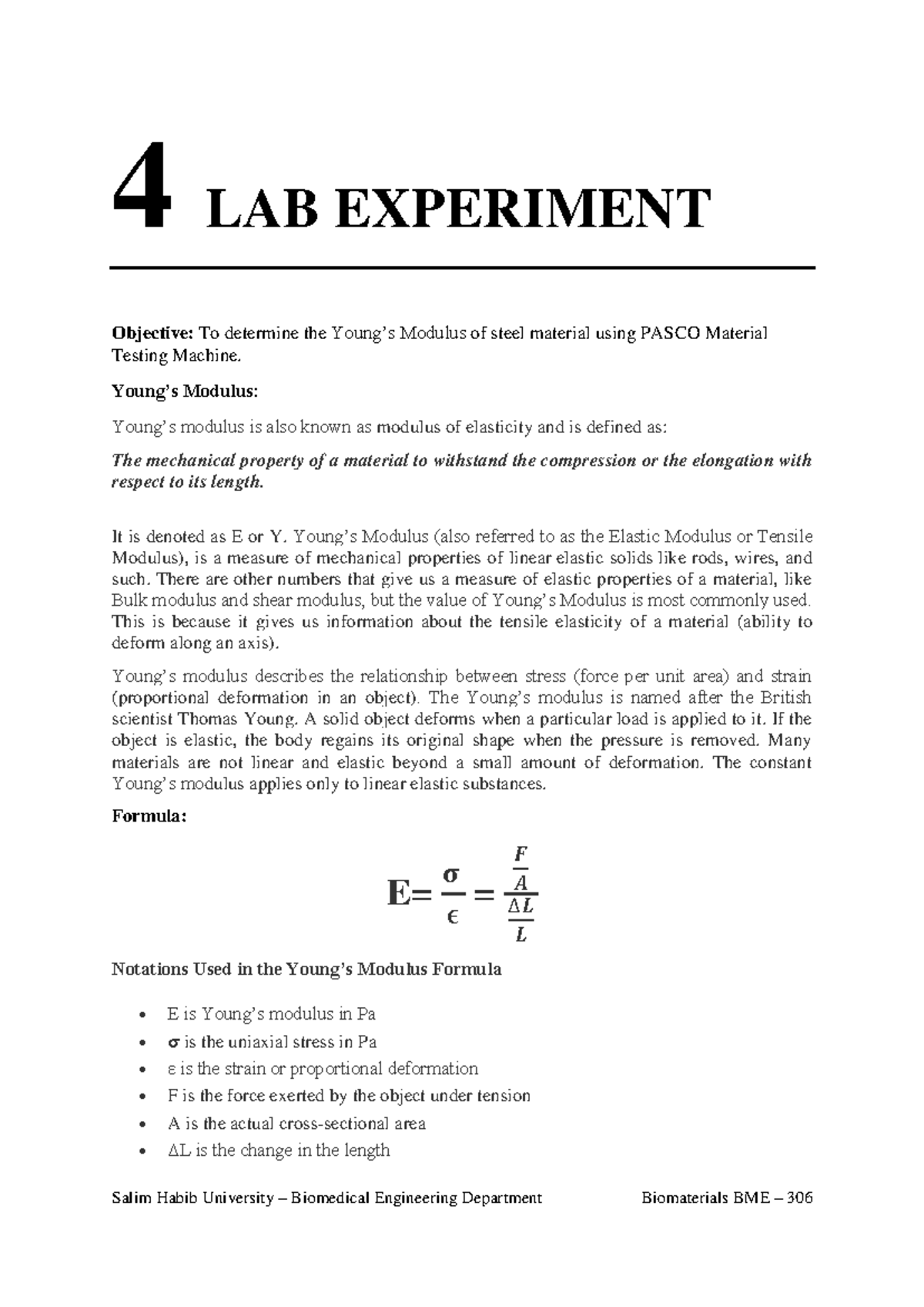 Biomaterials Lab 4 - Young's Modulus Test - Amna Wagley S20BME08 - 4 ...