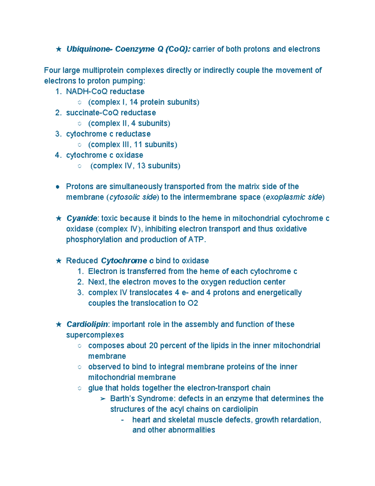 Chapter 12 + 20 Textbook Notes - ★ Ubiquinone- Coenzyme Q (CoQ ...