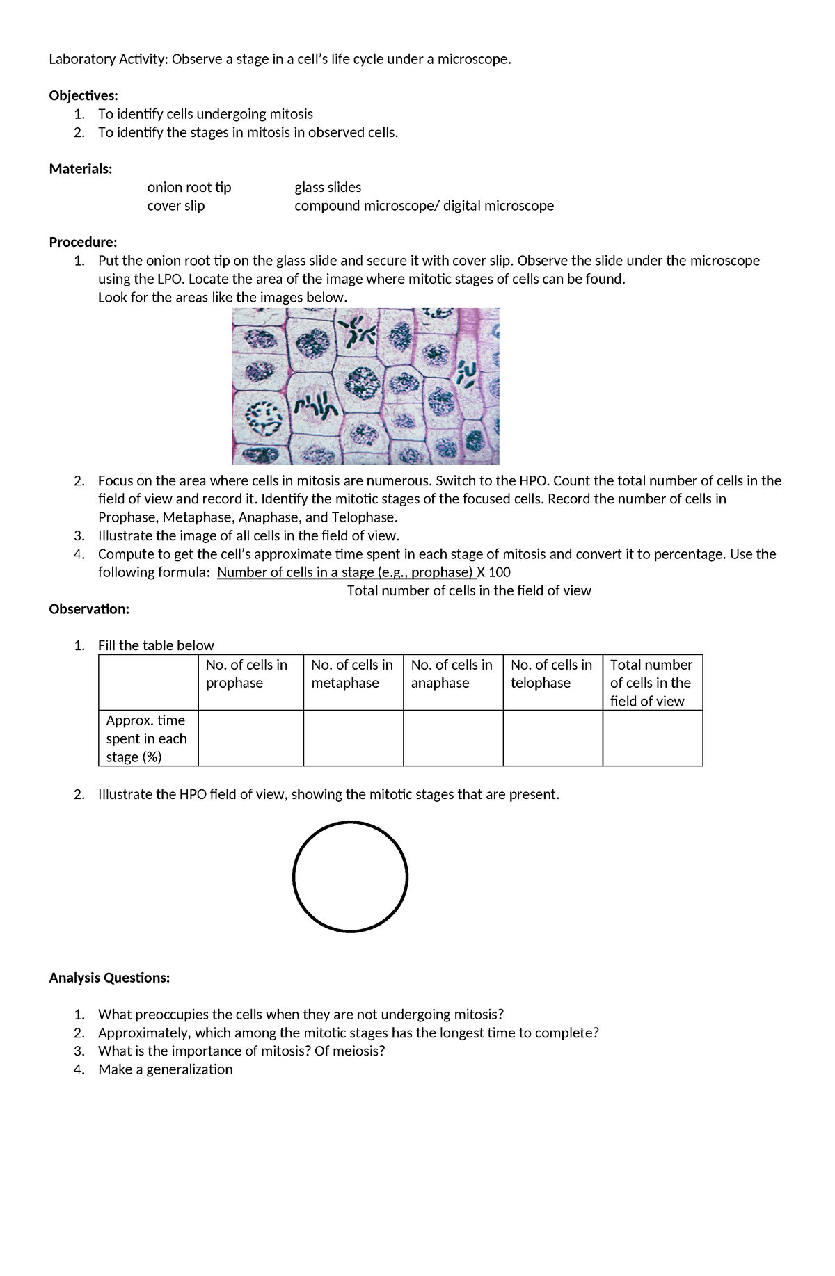 Laboratory Activity of mitosis and meiosis - Laboratory Activity ...