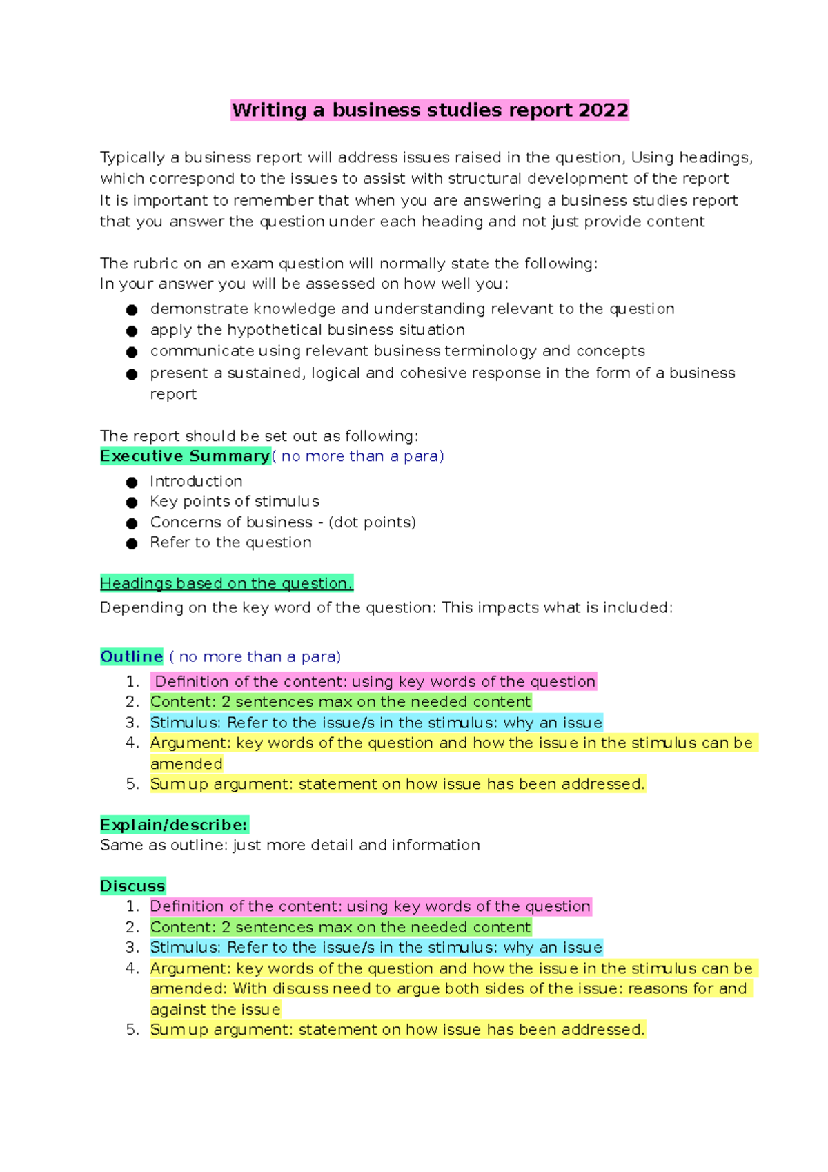 Writing a business studies report Depending on the key word of the