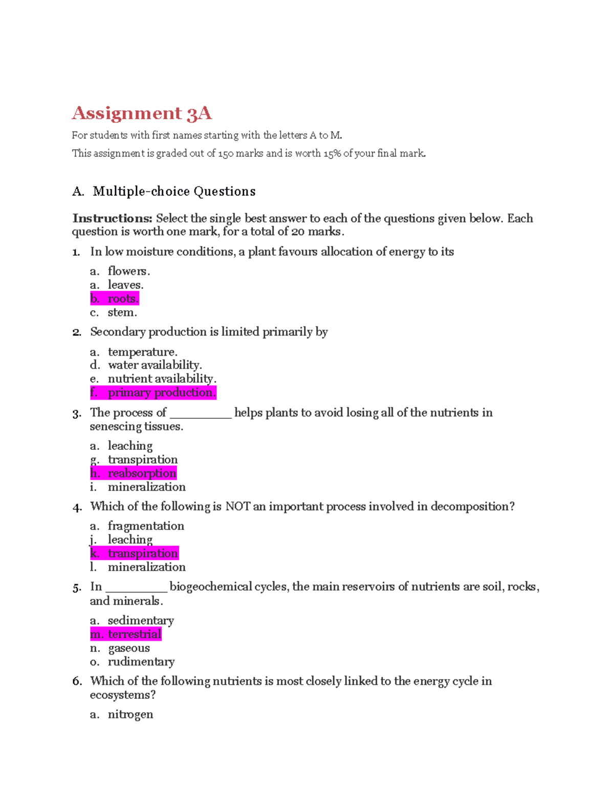 Assignment 3 copy - multiple choice questions - Assignment 3A For ...