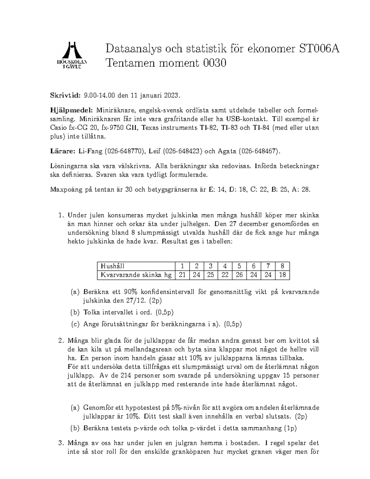 XXX003 ST006A Dataanalys Och Statistik För Ekonomer 230111 - Dataanalys ...