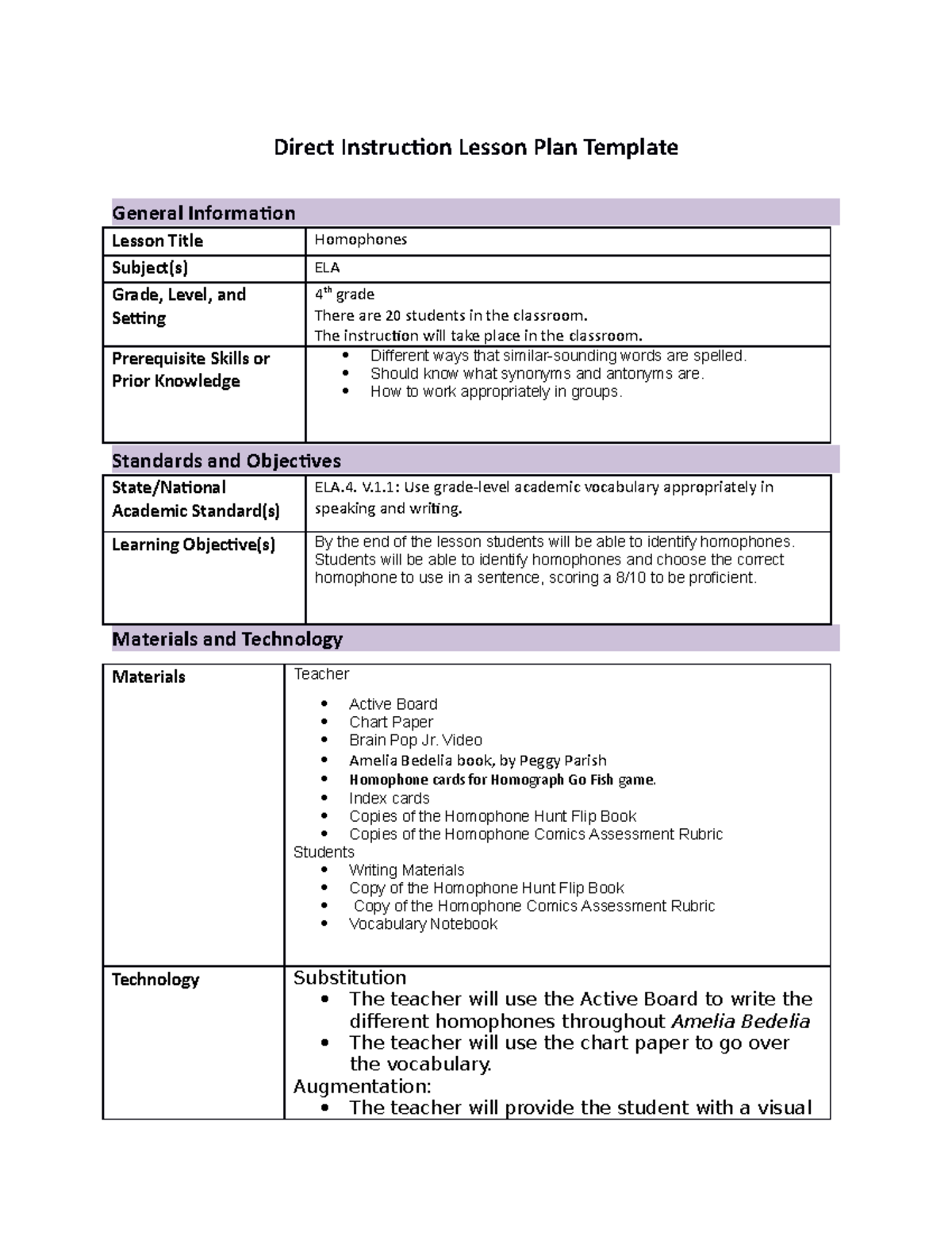 Homographs - lesson plan - Direct Instruction Lesson Plan Template ...