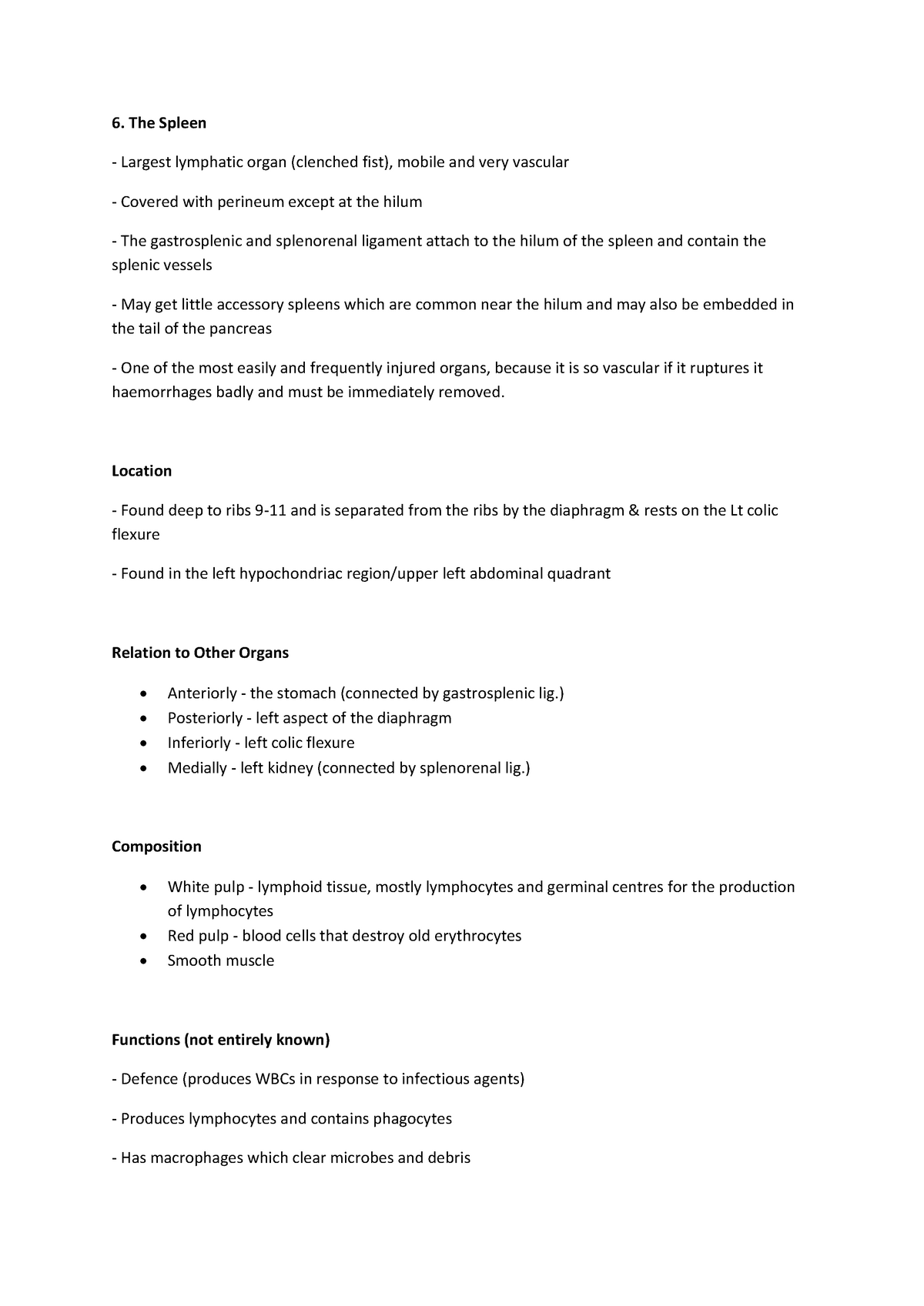Summary - lecture 6-10 - Visceral Anatomy 1 - the spleen, circulation ...