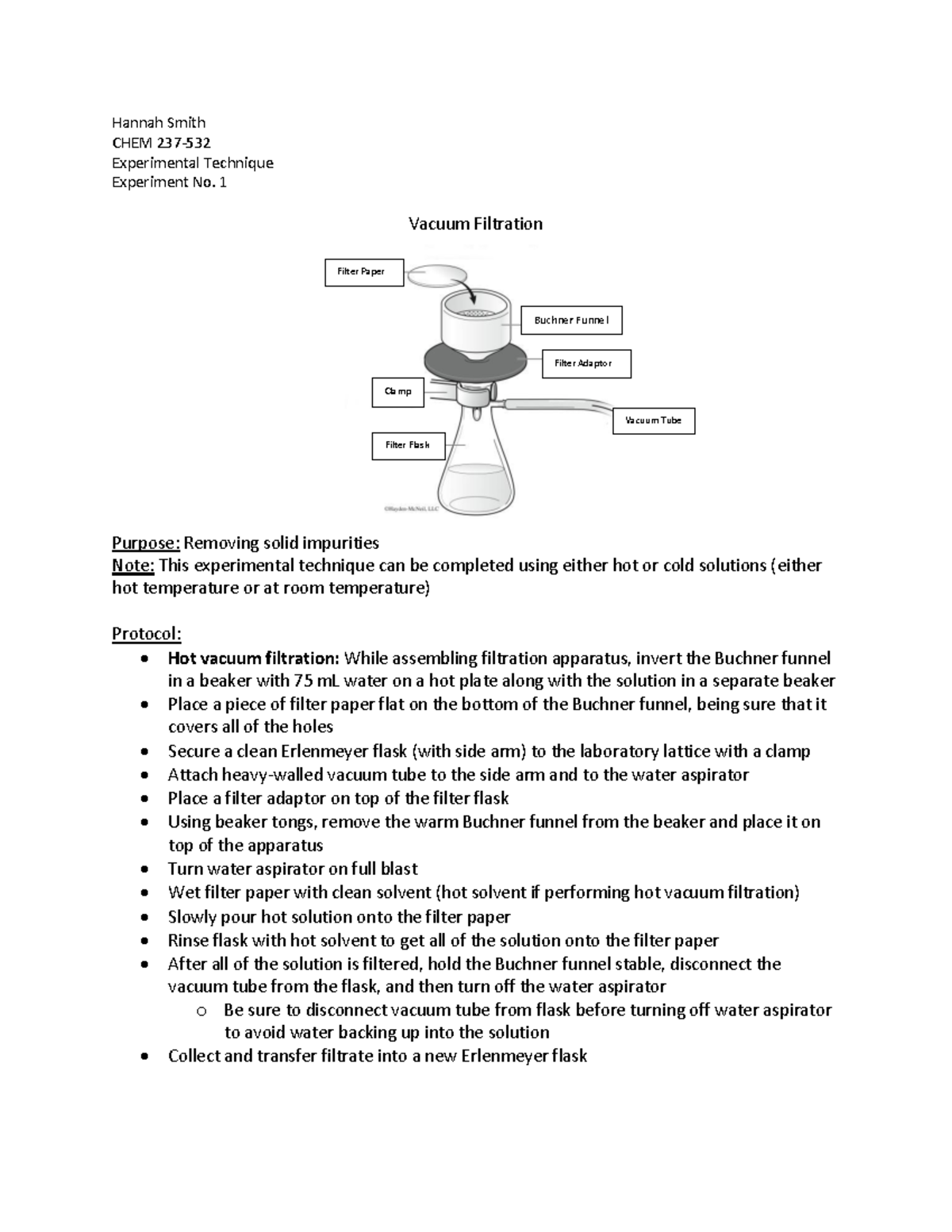 ELN Vacuum Filtration - Hannah Smith CHEM 237- Experimental Technique ...