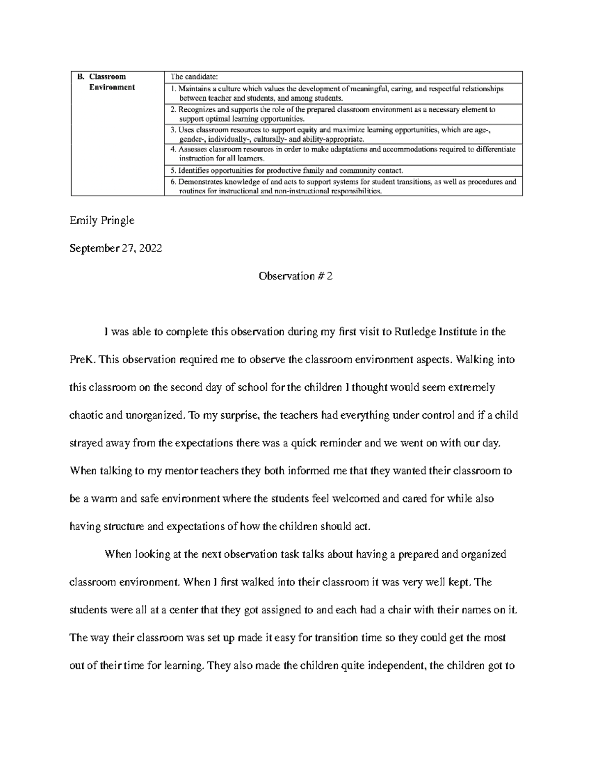 Observation - Classroom Enviorment - Emily Pringle September 27, 2022 ...