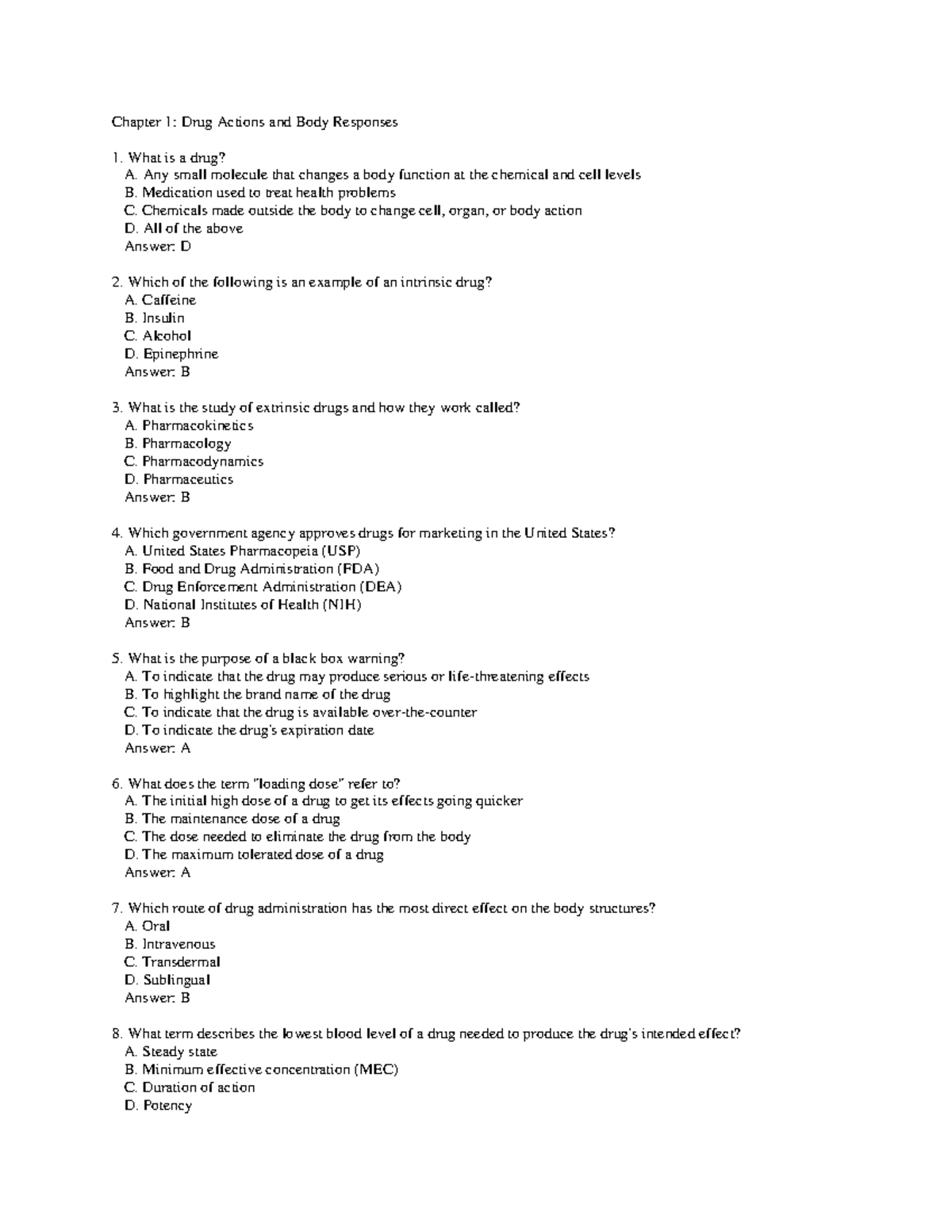 Review Questions For Chapter 1 & 2 Pharm. - Chapter 1: Drug Actions And ...