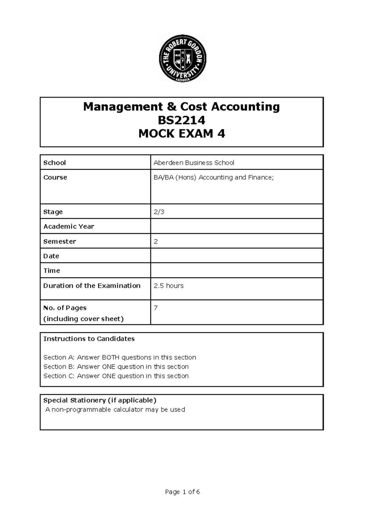 MACA Mock Exam 4 - Management & Cost Accounting BS MOCK EXAM 4 School ...