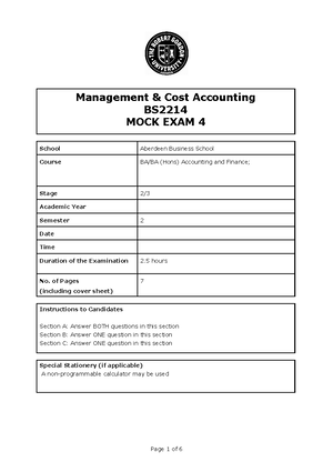 MACA Mock Exam 5 - BS2214: Management and Cost Accounting Mock Exam 5 ...
