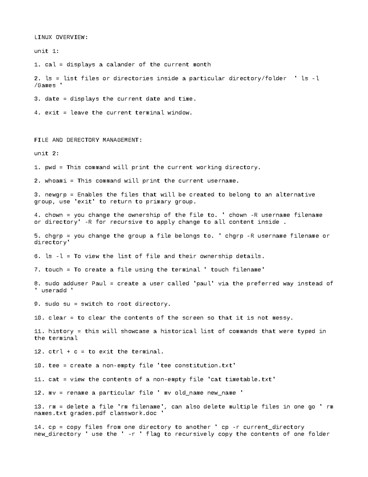 Commands - LINUX OVERVIEW: unit 1: cal = displays a calander of the ...