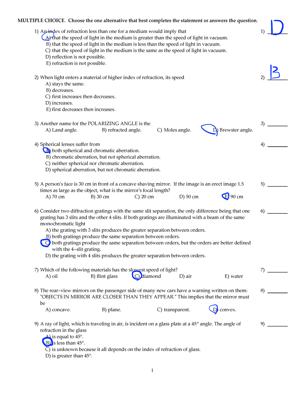 Physics Final Exam Sample - MULTIPLE CHOICE. Choose The One Alternative ...