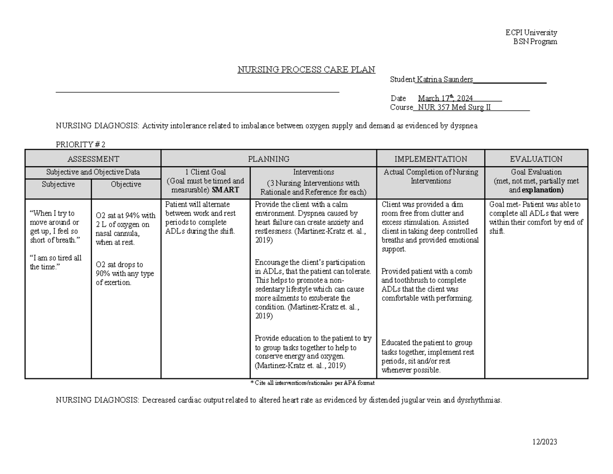 Care plan 2 - ECPI University BSN Program NURSING PROCESS CARE PLAN ...