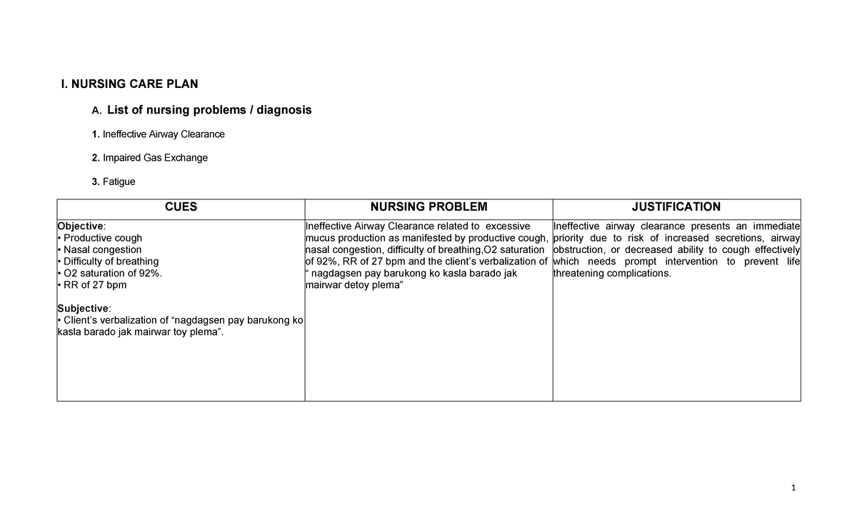 Sean - nursing - I. NURSING CARE PLAN A. List of nursing problems ...