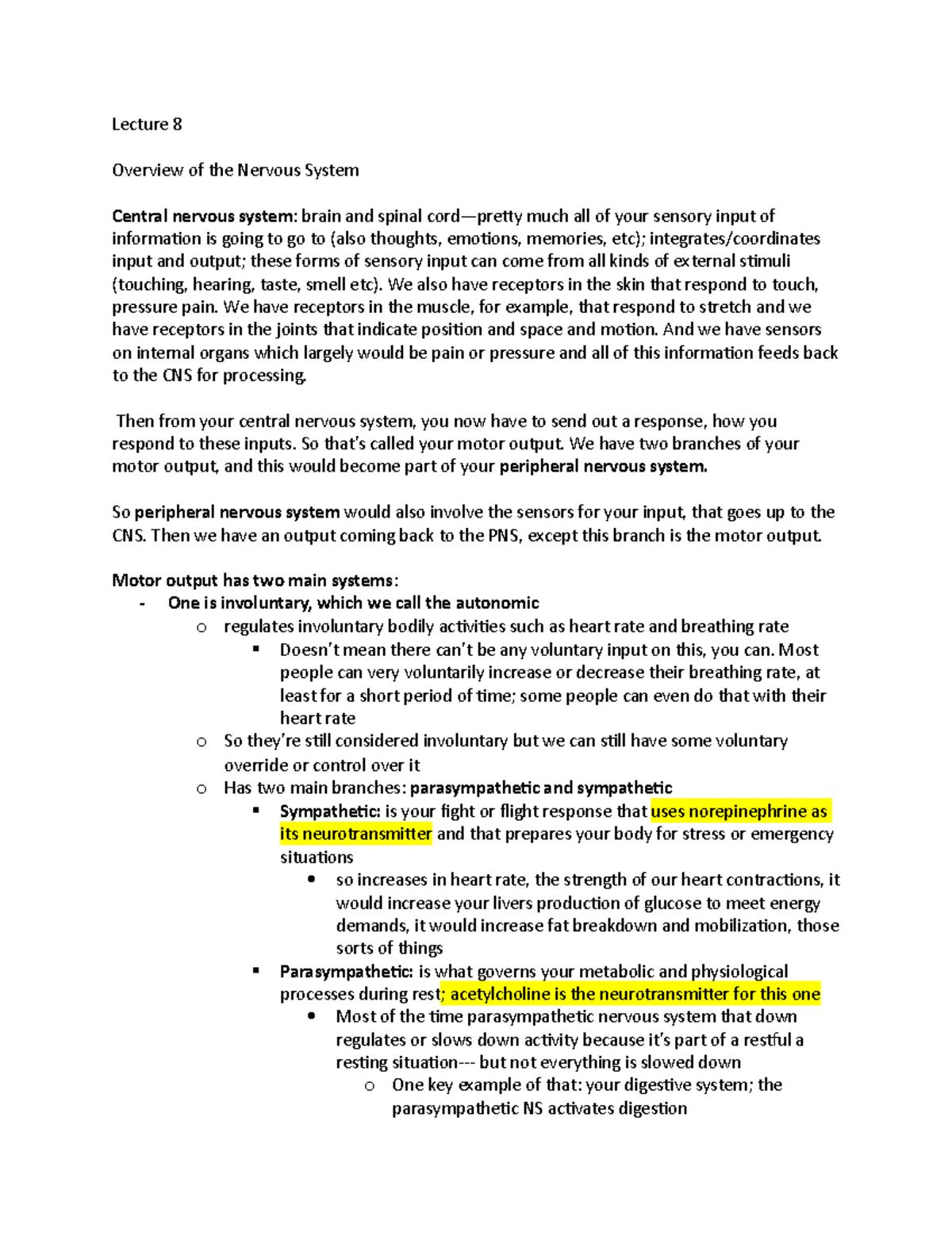 Midterm 2 Notes - Lecture 8 Overview of the Nervous System Central ...