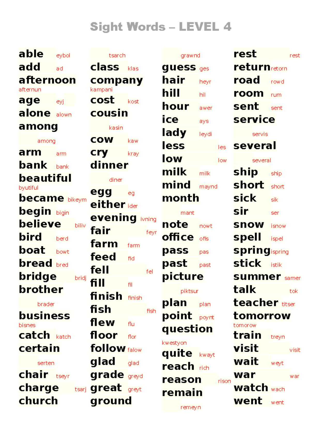 Sight Words 4TH Grade - able eybol add ad afternoon afternun age eyj ...