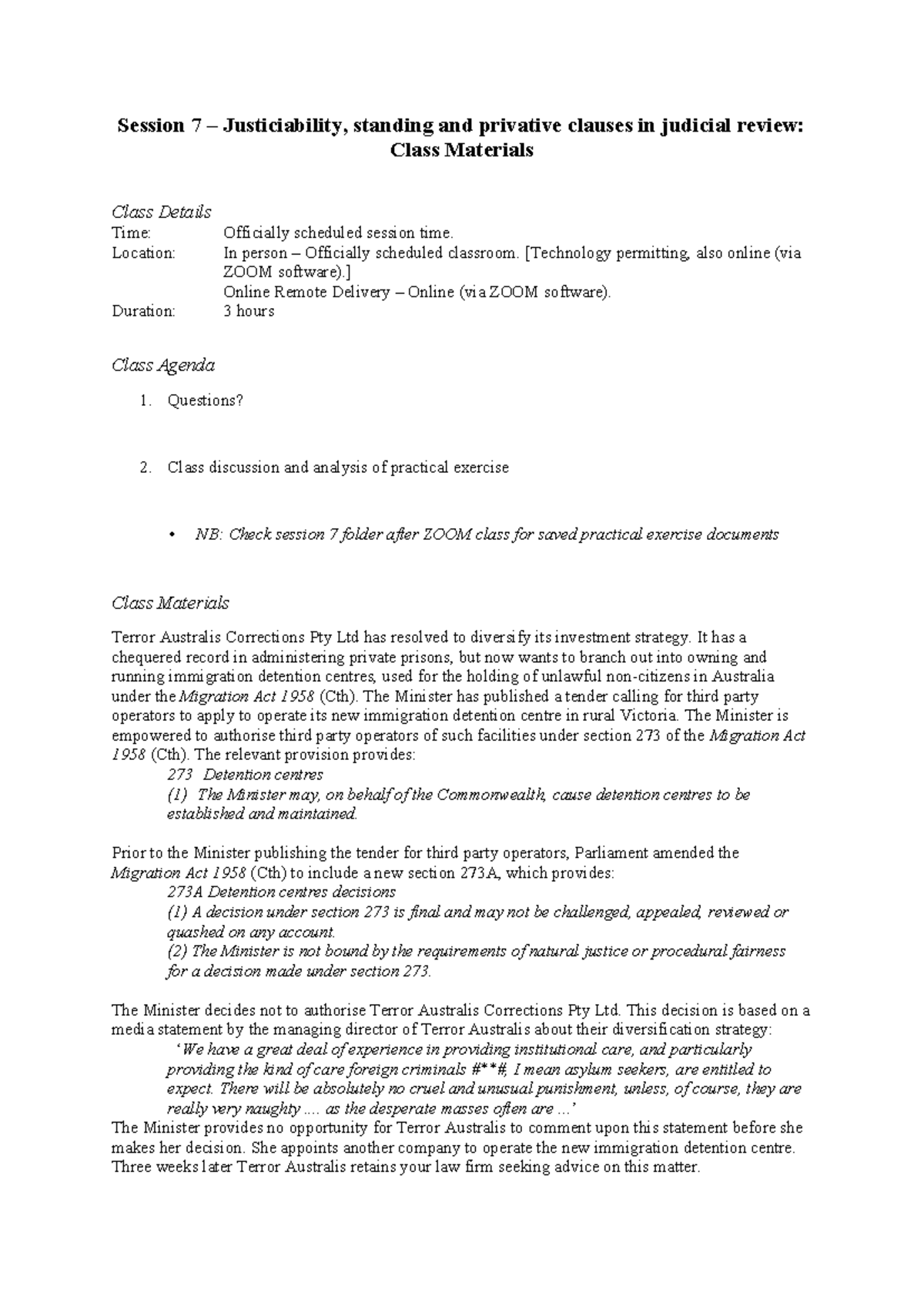 LLW3000 7 analysis - Session 7 – Justiciability, standing and privative ...