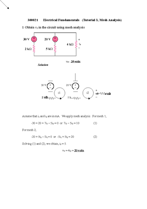 Tutorial 3 - Mesh Analysis Solution - – 20 V + 30 V + 5 k i1 i + v ...