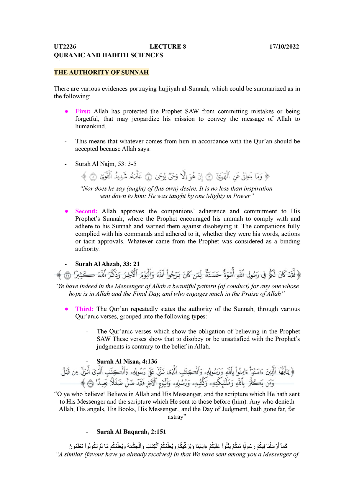 THE AUTHORITY OF SUNNAH - UT2226 LECTURE 8 17/10/ QURANIC AND HADITH ...