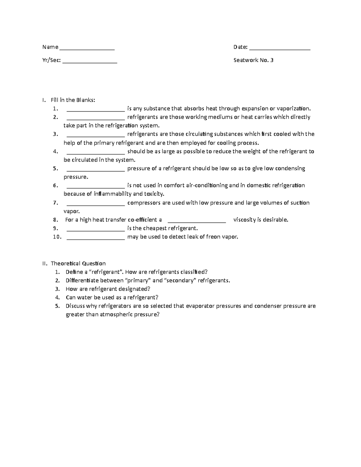 Sample Problem for Refrigiration - Name _________________ Date ...