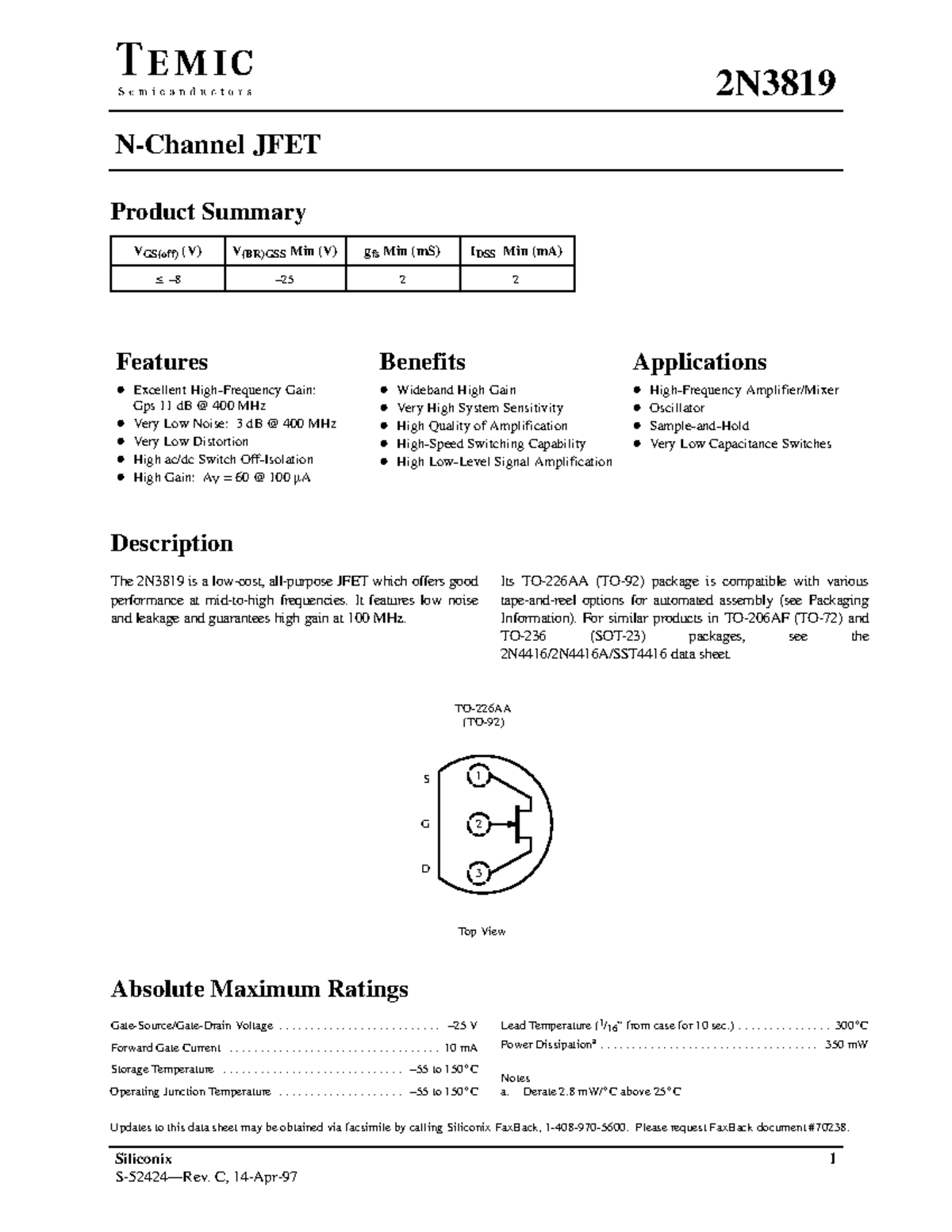 JFET KÊNH N 2N3819 BJT Siliconix 1 NChannel JFET