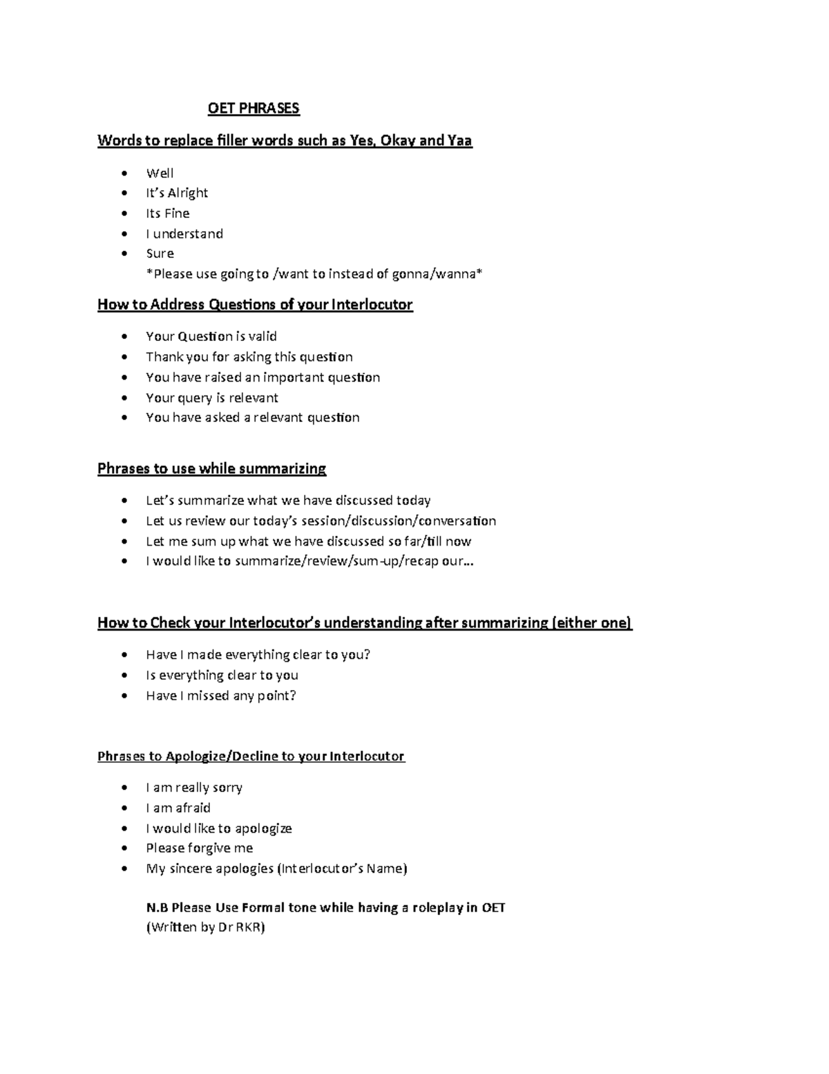 How to Address Questions of your Interlocutor - OET PHRASES Words to ...