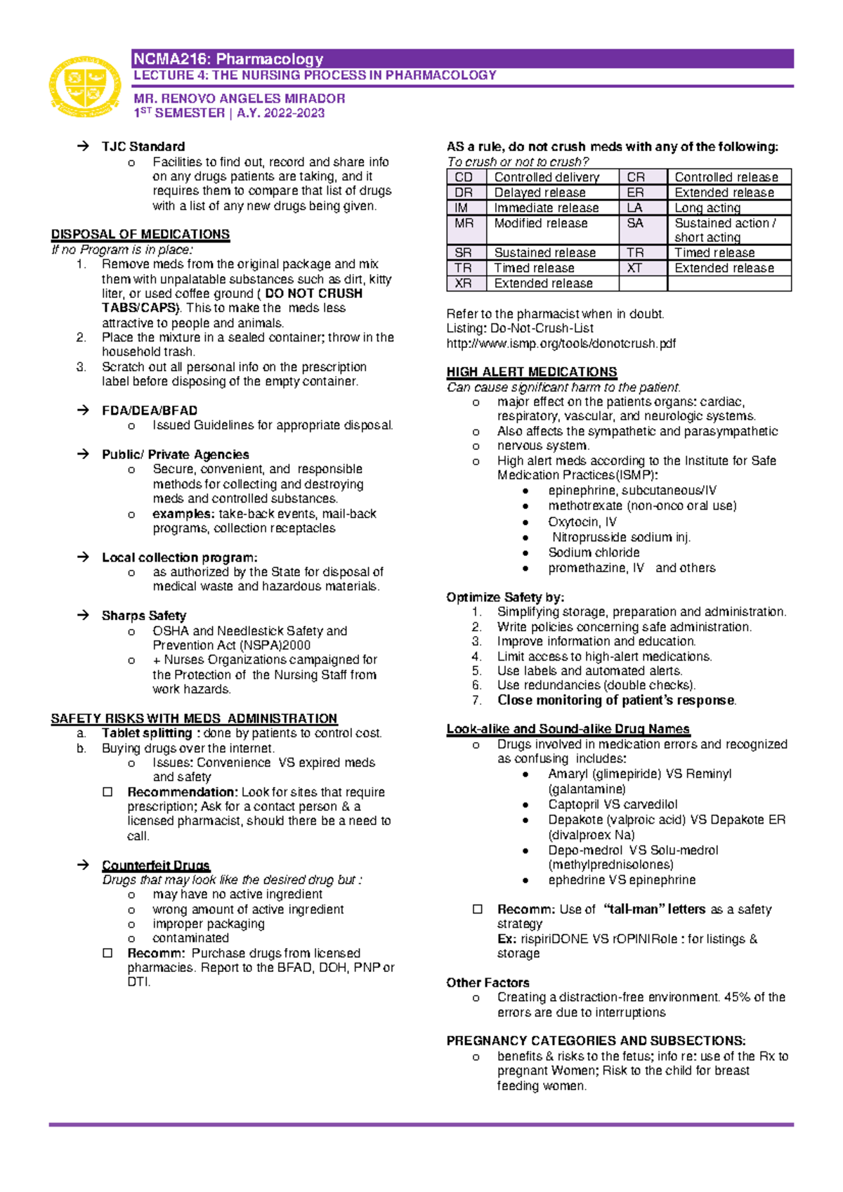 TJC Standard - NCMA216: Pharmacology LECTURE 4: THE NURSING PROCESS IN ...