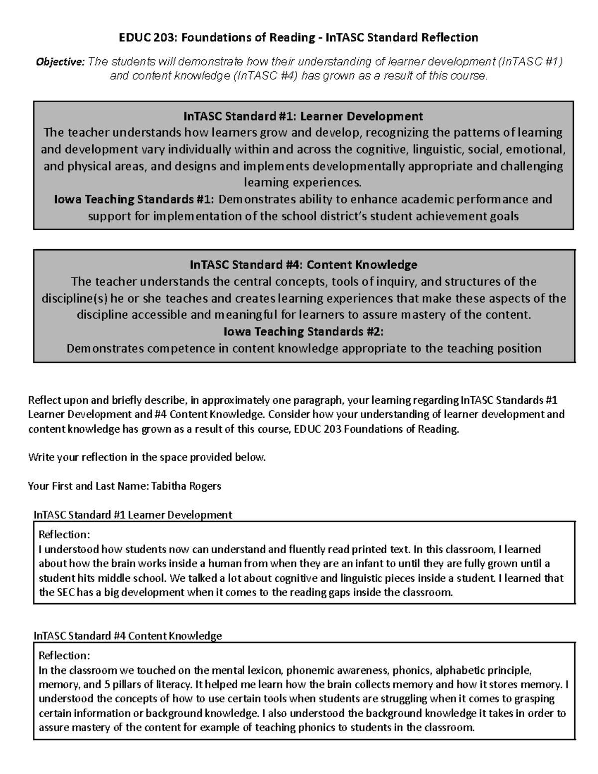 In TASC Standards Reflection EDUC 203 - EDUC 203: Foundations of ...