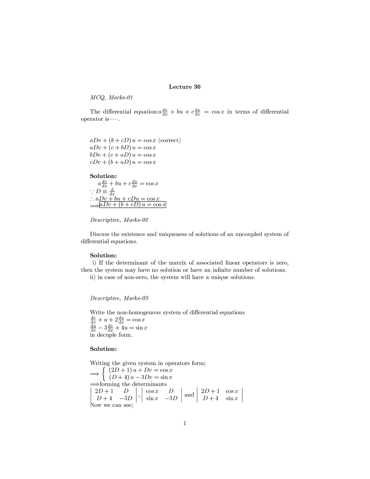 Mth 401 Practice Questions (36) - Lecture 36 MCQ, Marks- The Di ...