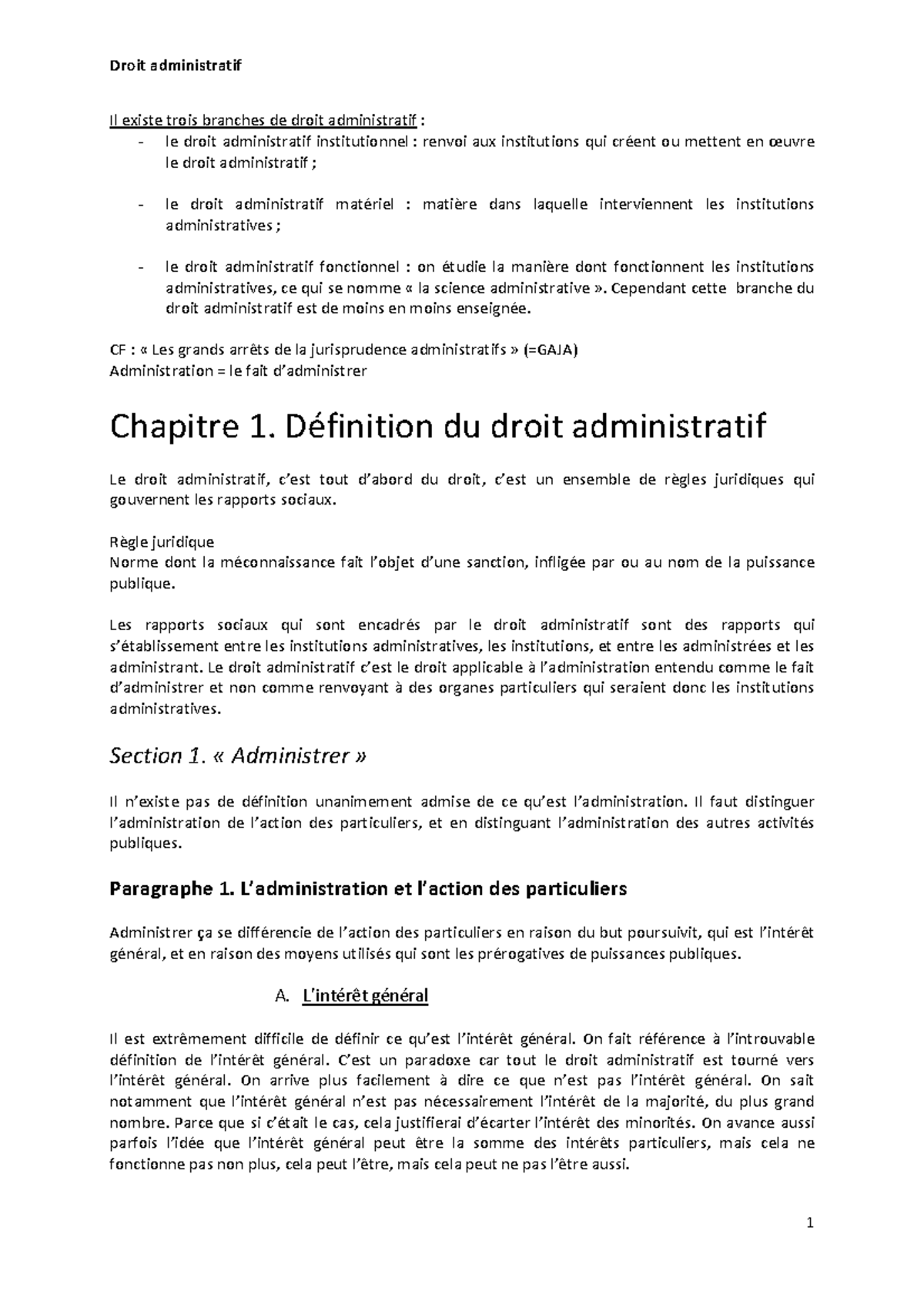 Droit Administratif I - Notes De Cours 1 - Droit Administratif De La ...