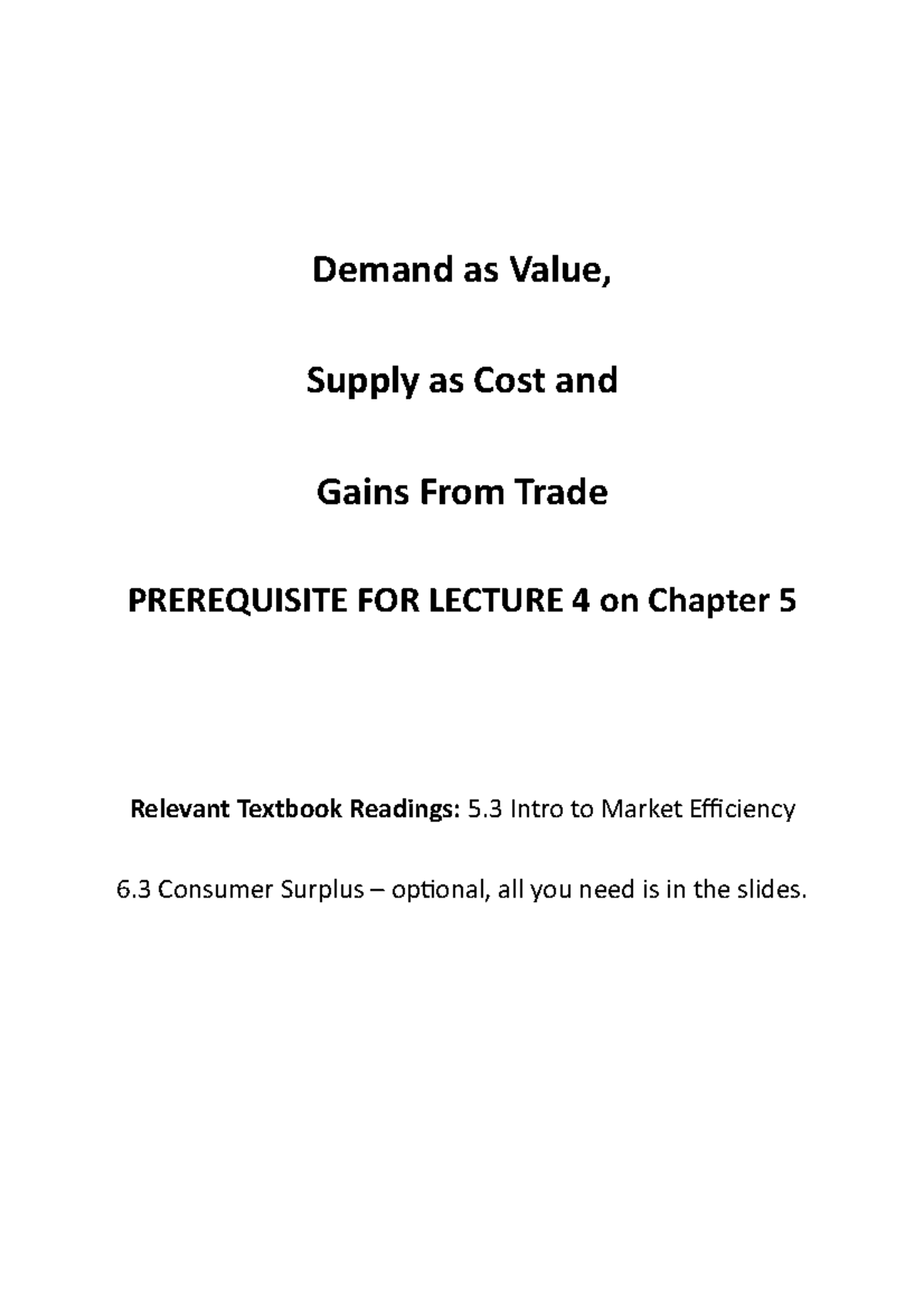 Prerequisite To Lecture 4 Understanding D And S And Gains From Trade ...