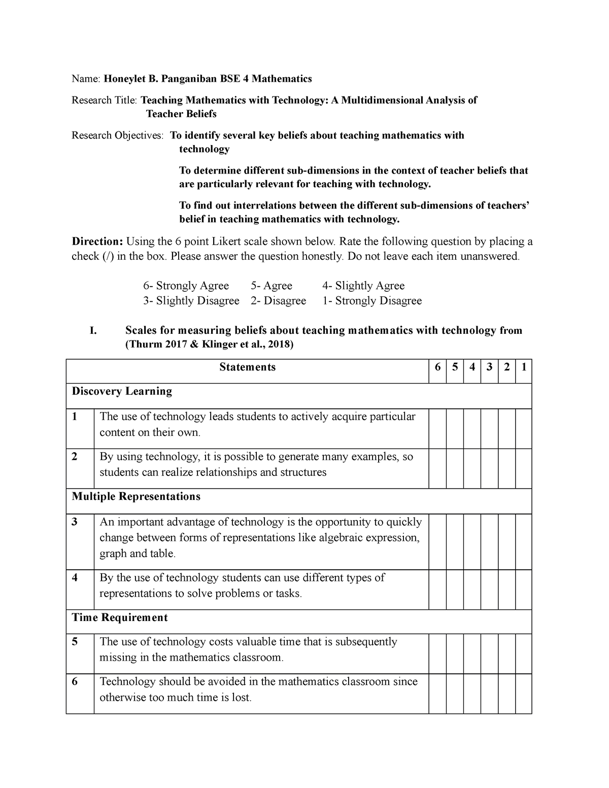 Questionnaire - Name: Honeylet B. Panganiban BSE 4 Mathematics Research ...