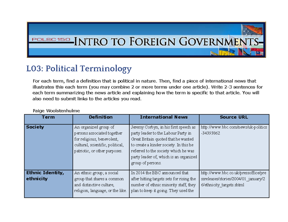 L03 Political Terminology - Then, find a piece of international news ...