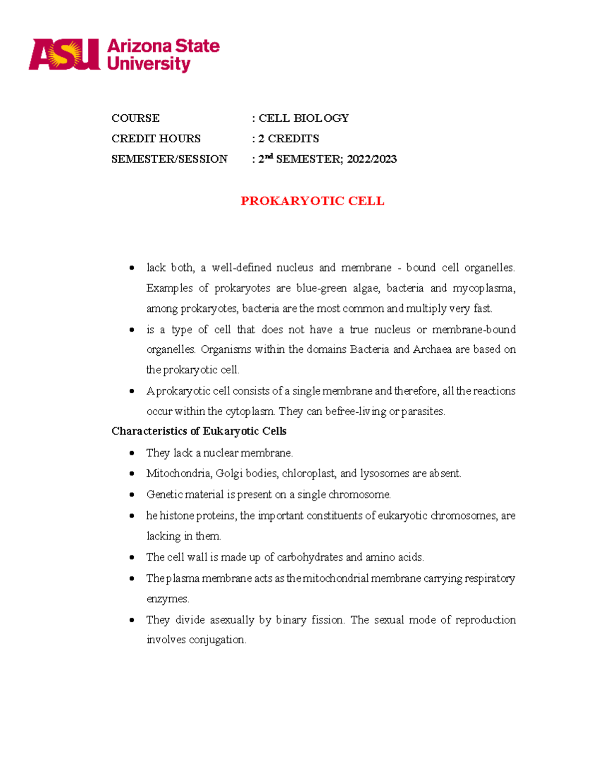 Lecturer Notes Prokaryotic CELL - COURSE : CELL BIOLOGY CREDIT HOURS ...