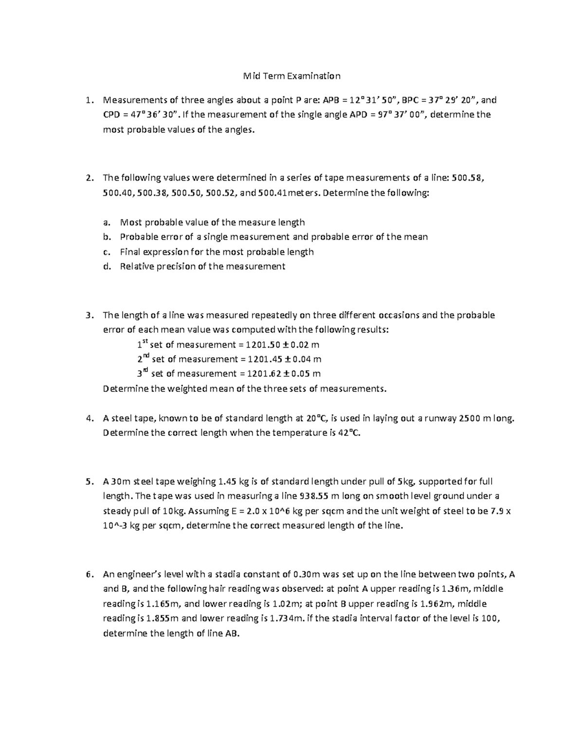 Mid Term Examination Surveying Mid Term Examination Measure e ts Of