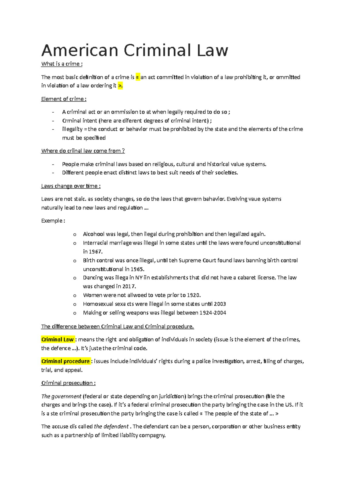 Droit penal américain American Criminal Law What is a crime The