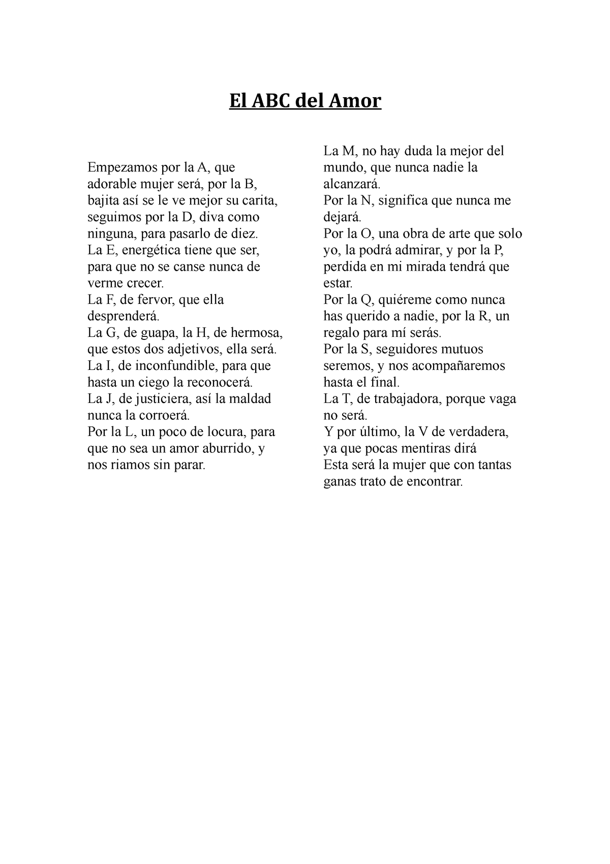 ABC DEL AMOR poema El ABC del Amor Empezamos por la A que