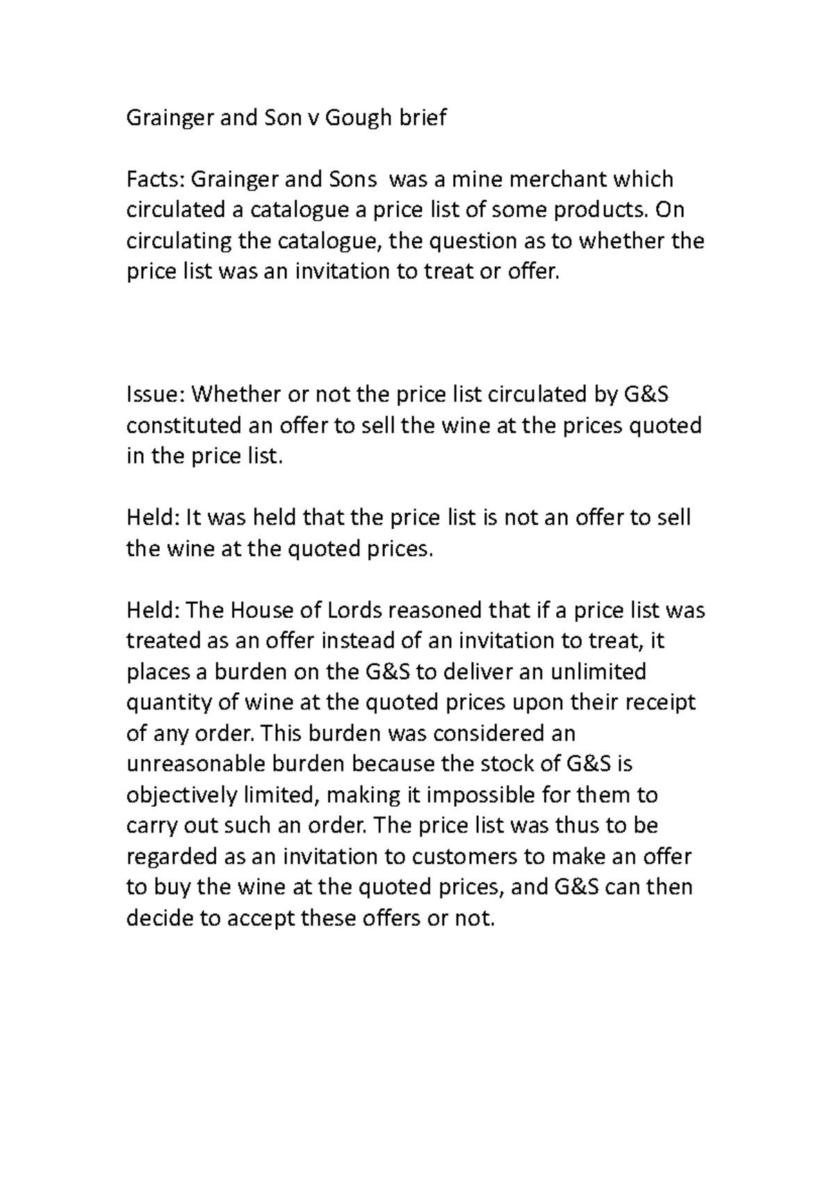 Grainger and Son v Gough brief Grainger and Son v Gough brief Facts