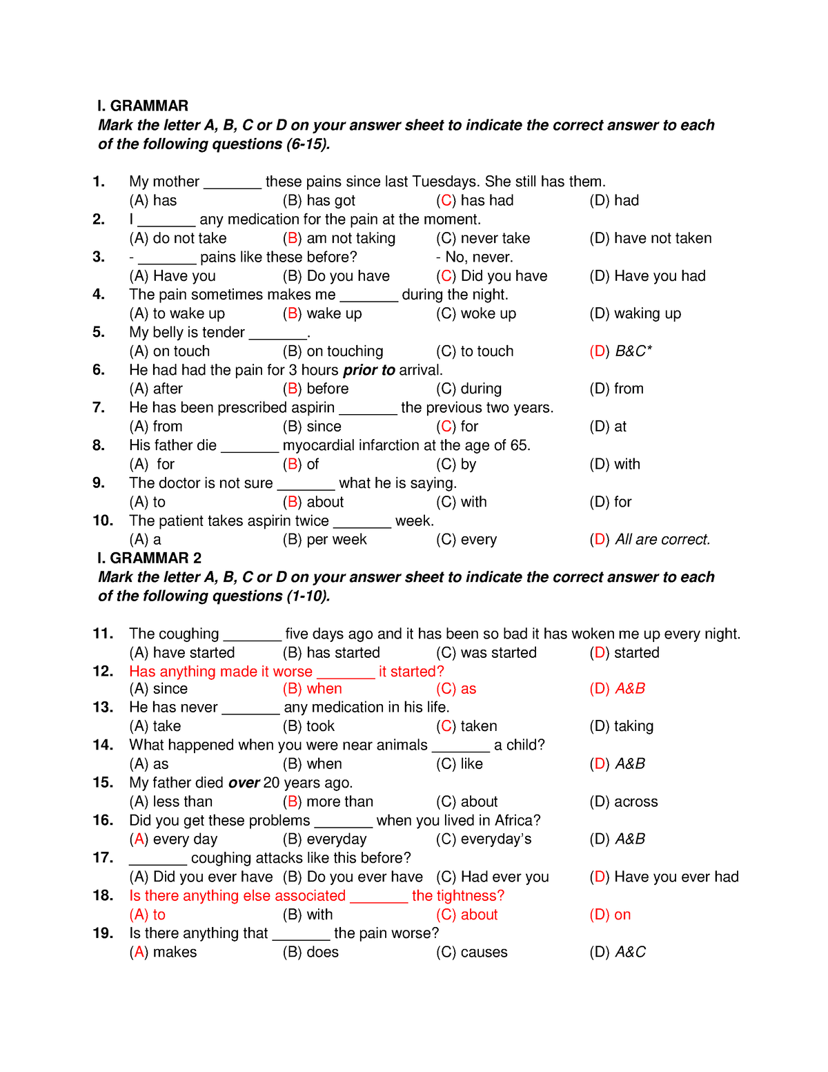 TA-alll - Summary Tâm lý y học - I. GRAMMAR Mark the letter A, B, C or ...