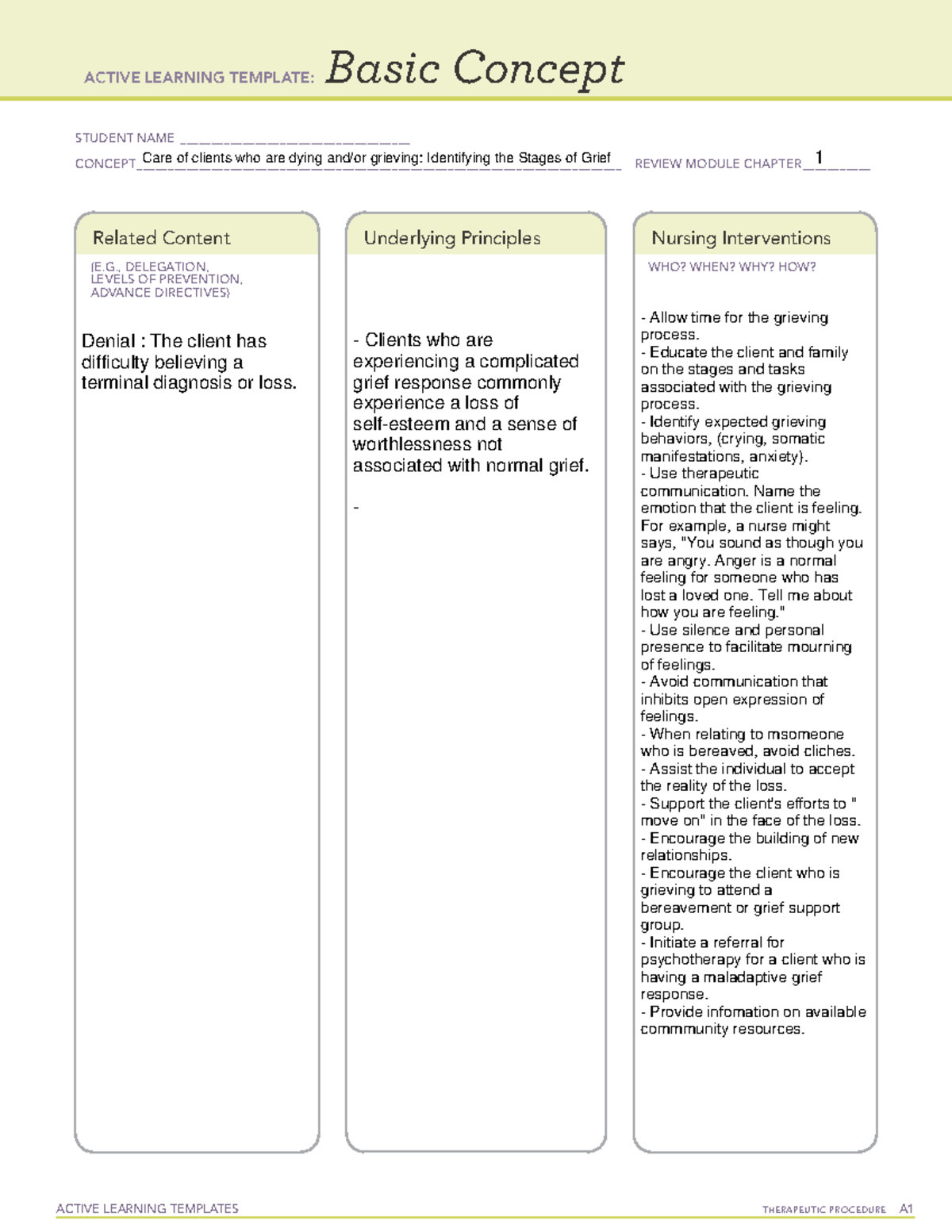 A Identifying the Stages of grief ACTIVE LEARNING TEMPLATES