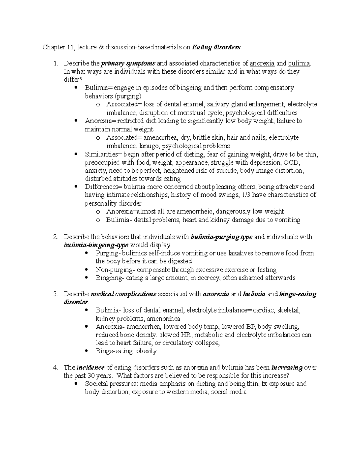 Study questions - Chp 11 Eating disorders - Chapter 11, lecture ...